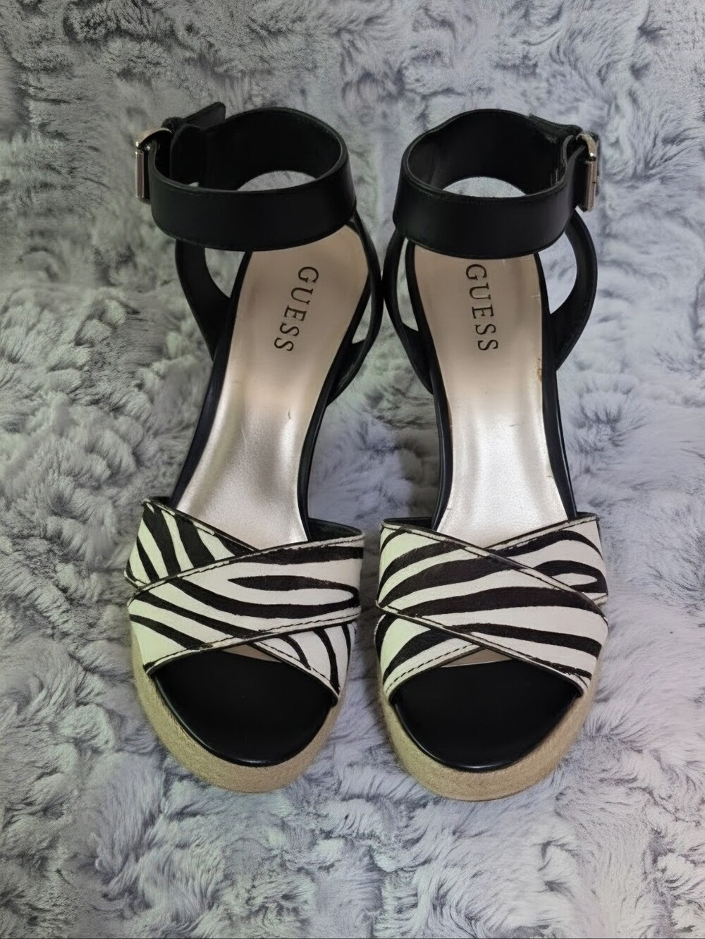 GUESS Black and White Zebra-Print 4.5" Wedge Sandals